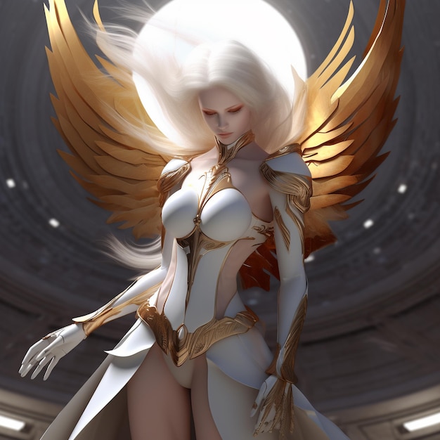 a female angel with a halo around her neck