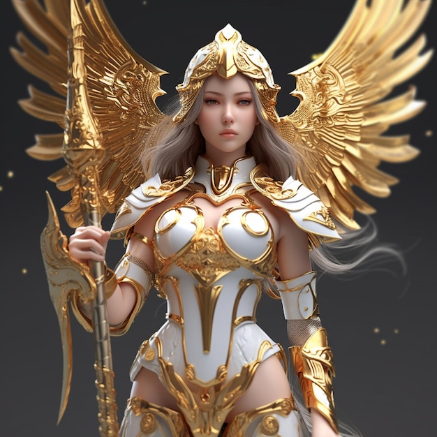 a female angel with a sword and wings on her head.