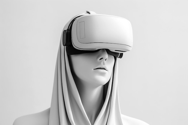 VR 헤드셋을 갖춘 여성 골동품 대리석 조각상 파스텔 배경에 가상 현실 고글을 착용한 동상 VR 안경을 쓴 흉상 VR 게임 개념을 탐색하는 메타버스 세계 AI 생성 이미지