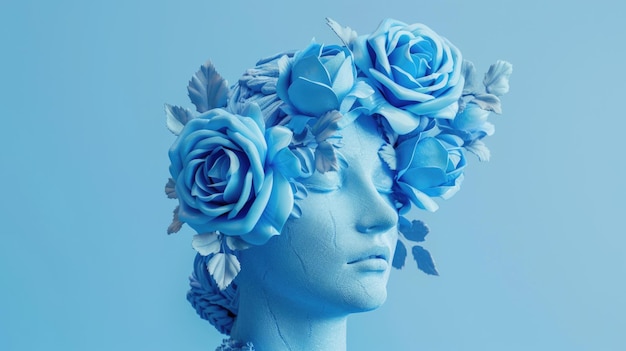 Photo female antique statue head with blue flowers in surreal style