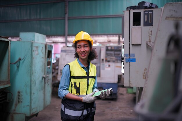 Female apprentice in metal working factory, Portrait of working female industry technical worker or engineer woman working in an industrial manufacturing factory company.