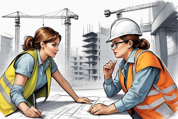 A female architect and a focused construction managers engage in an animated discussion