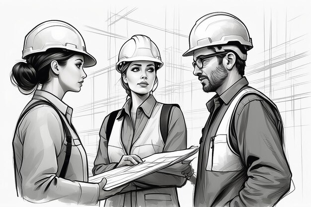 A female architect and a focused construction managers engage in an animated discussion