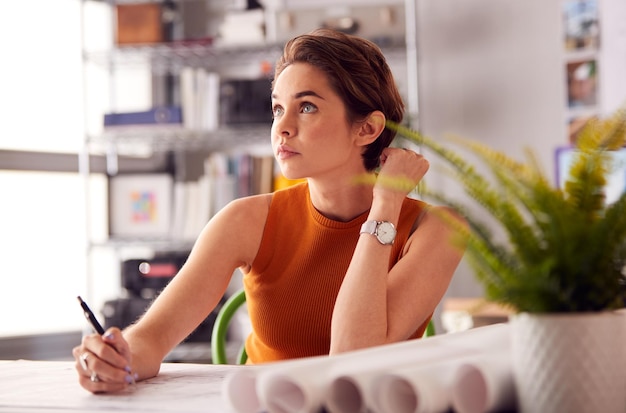 Female Architect In Office Working At Desk Making Notes On Plan Or Blueprint