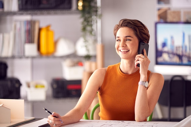 사무실에서 여성 건축가 휴대 전화로 전화를 받는 책상에서 계획 작업