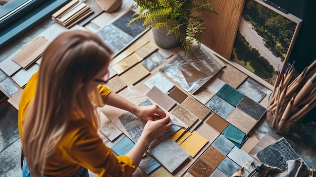 Foto l'architetto donna opta per la colata epossidica su piastrelle di ceramica esaminando le opzioni di finitura con una palette di colori in vista dall'alto verso il basso