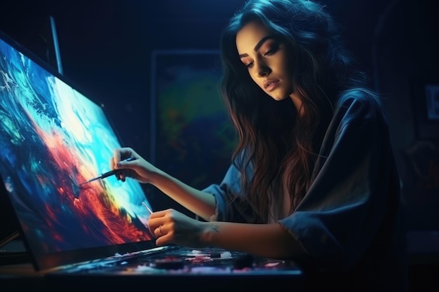 Photo female artist creating abstract oil painting in dark studio