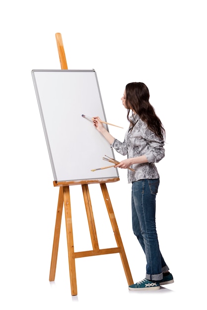 Female artist drawing picture isolated on white background