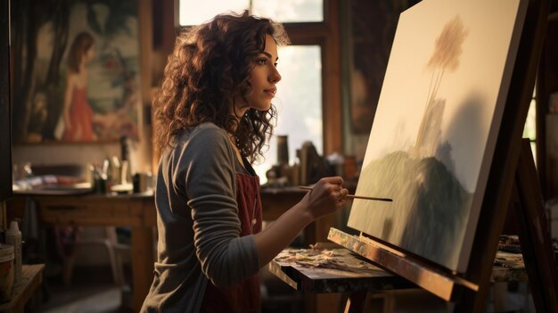 Female artist working on painting in her studio