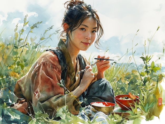 Женская азиатская авантюристка ест из коробки с бенто.