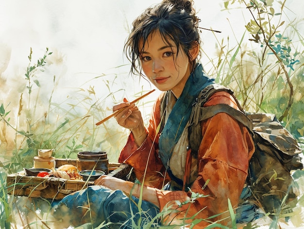 a female Asian adventurer eating out of a bento box