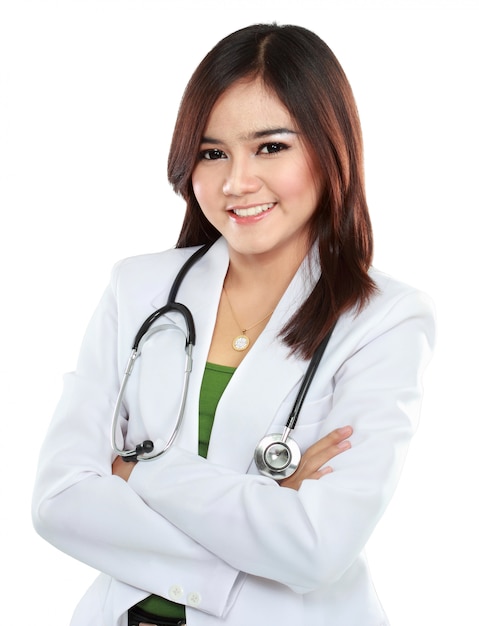 Female Asian doctor wearing a white coat and stethoscope