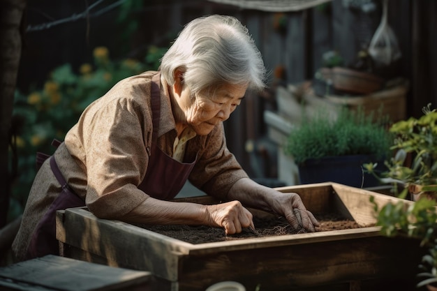 Female Asian elderly gardening in backyard plants grass Generative AI AIG23