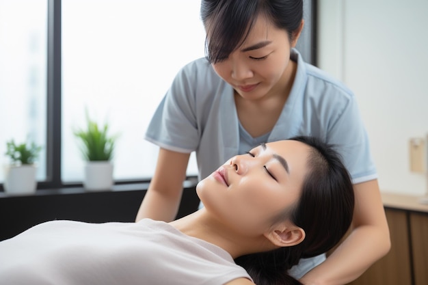 Female Asian girl being treated by a physiotherapist in his clinic