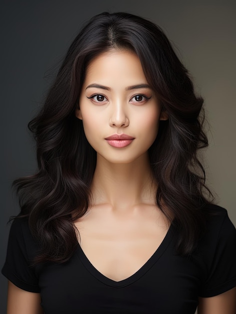 검은 티셔츠를 입고 포즈를 취하는 아시아 여성 모델