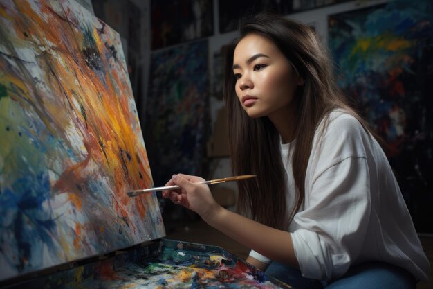 Female Asian teenager painting art studio artist apron picture drawing Generative AI AIG23