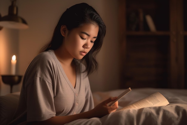 Female Asian teenager reading books in bedroom casual relaxing Generative AI AIG23