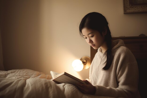 Foto adolescente asiatica femminile che legge libri in camera da letto casual rilassante generative ai aig23