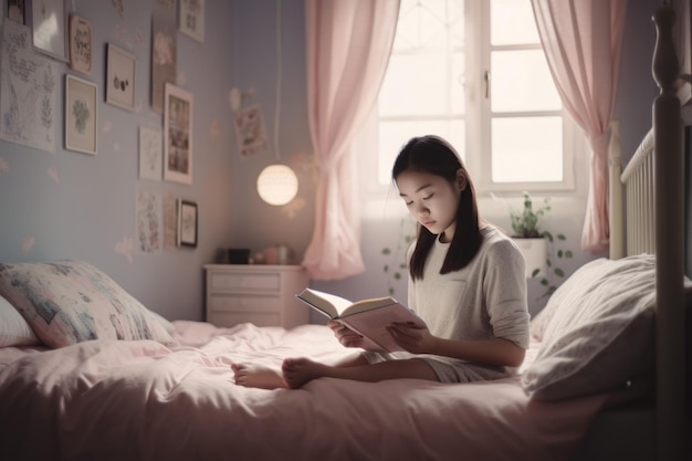 Female Asian teenager reading books in bedroom casual relaxing pastel Generative AI AIG23