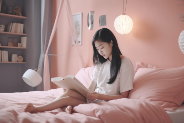 Азиатская девушка-подросток читает книги в спальне, повседневная расслабляющая пастель Генеративный AI AIG23