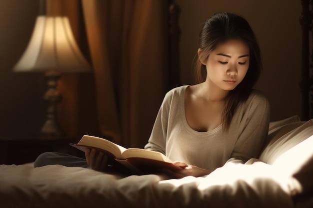 사진 캐주얼한 침실에서 책을 읽는 여성 아시아 십대 generative ai aig23