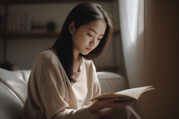 Female Asian teenager reading books in living room casual relaxing Generative AI AIG23