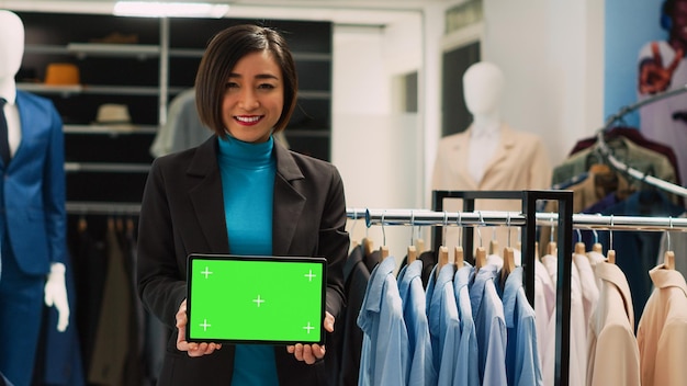 Азиатская женщина, использующая зеленый экран на цифровом планшете, держащая пустой дисплей хроматического ключа в универмаге. Молодой продавец с изолированным макетом и шаблоном copyspace.