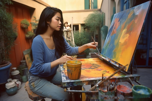 Женский азиатский молодой взрослый рисует на улице, художник, фартук, рисунок, генеративный AI AIG23