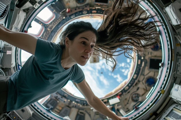 Female Astronaut Inside Space Station Module with AI generated