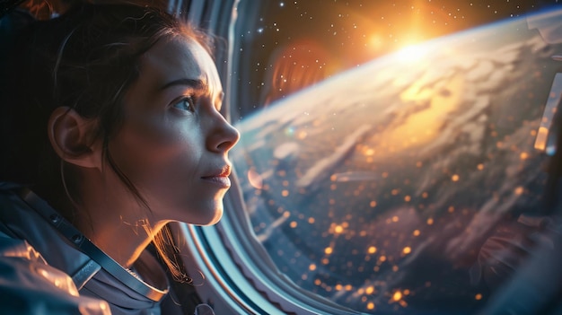 Photo female astronaut looking out of a spacecraft window at earth human space flight ai generated