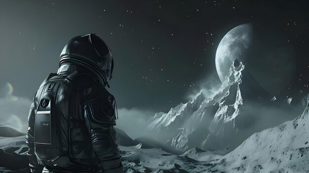 Астронавт-женщина смотрит в сторону горы величественная ночная сцена Ai Generated