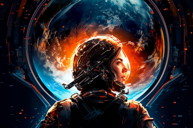 A female astronaut in open space