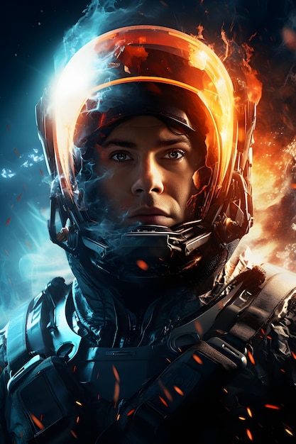 Female astronauts closeup illustration with space suit science fiction background