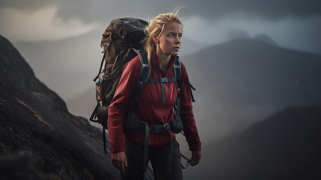 a female athlete climber climbing a mountain during a storm windy