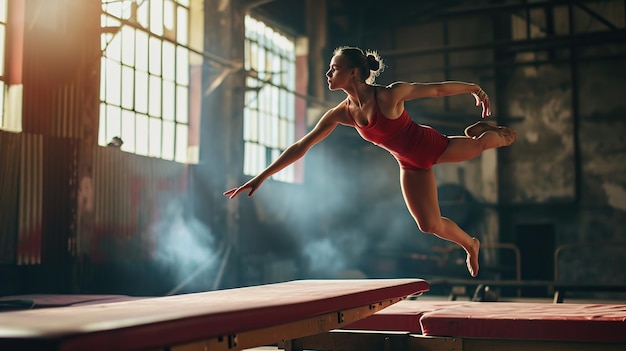 Female athlete doing a complicated exciting trick on gymnastics balance beam in a professional gym Copy space for text