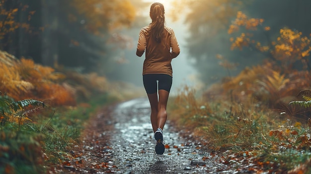 여자 운동 선수 가 가을 에 안개 가 가득 한 숲 도로 에서 조 하고 있다