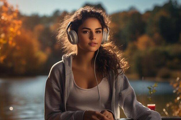 A female athlete pausing outdoors to hydrate during a break Generative Ai