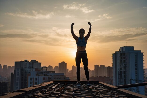 Foto l'atleta donna posa la potenza al tramonto