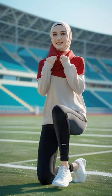Женщина-спортсменка готовится к тренировкам на стадионе