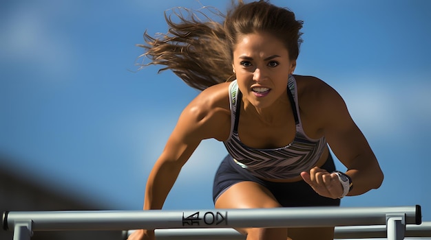 写真 トラックでハードルを走る女性アスリート