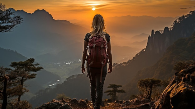 中国の山の夕暮れの女性アスリートのシルエット