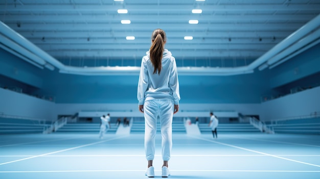 A female athlete in a white tracksuit stands contemplatively at the entrance of an indoor tennis court poised for action