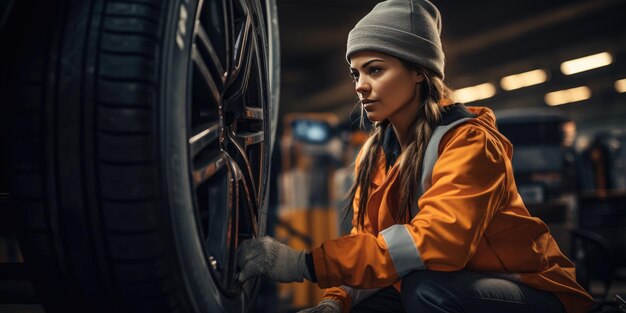 Photo female auto mechanic at a car service station for servicing cars car wheel repair generative ai