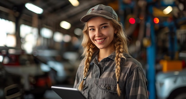 female auto mechanic holding her tablet happy and smiling