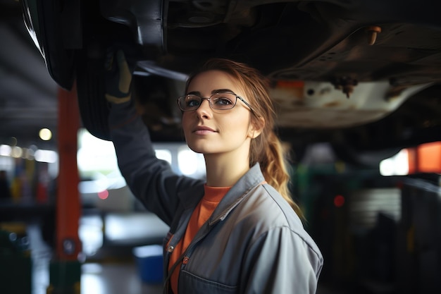 Photo female auto mechanic worker in garage fixing a car