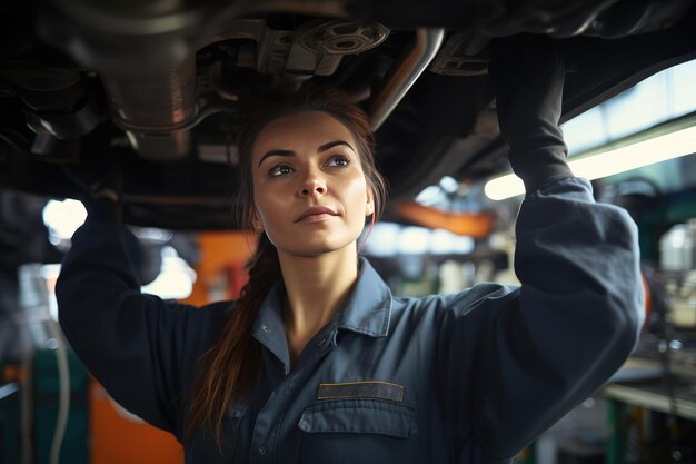 Female auto mechanic worker in garage fixing a car