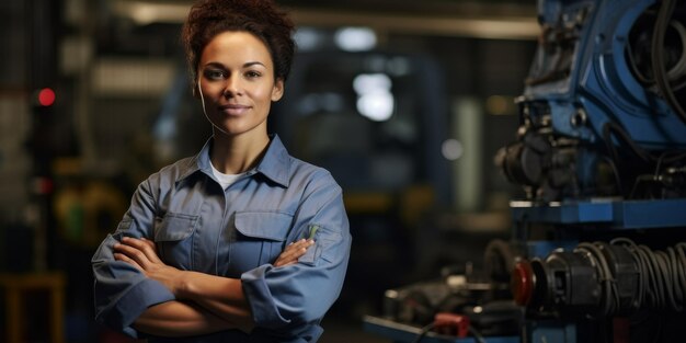 Photo female auto mechanic in workshop portrait generative ai