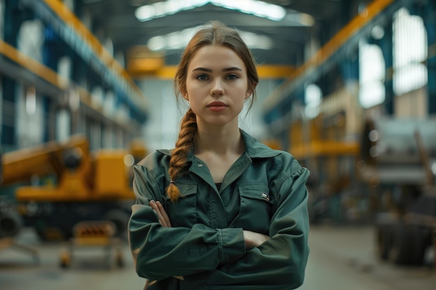 Foto ingegnere dell'automazione donna posa in una moderna fabbrica industriale