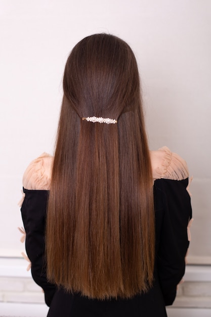 Female back with long straight brunette hair with clip in\
hairdressing salon