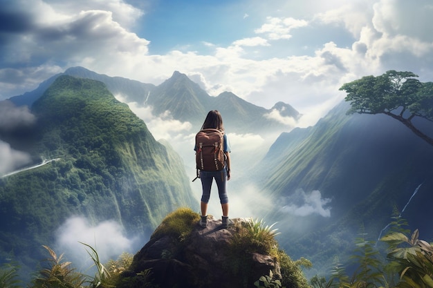 Female backpacker enjoying the view on the edge of a mountain peak cliff